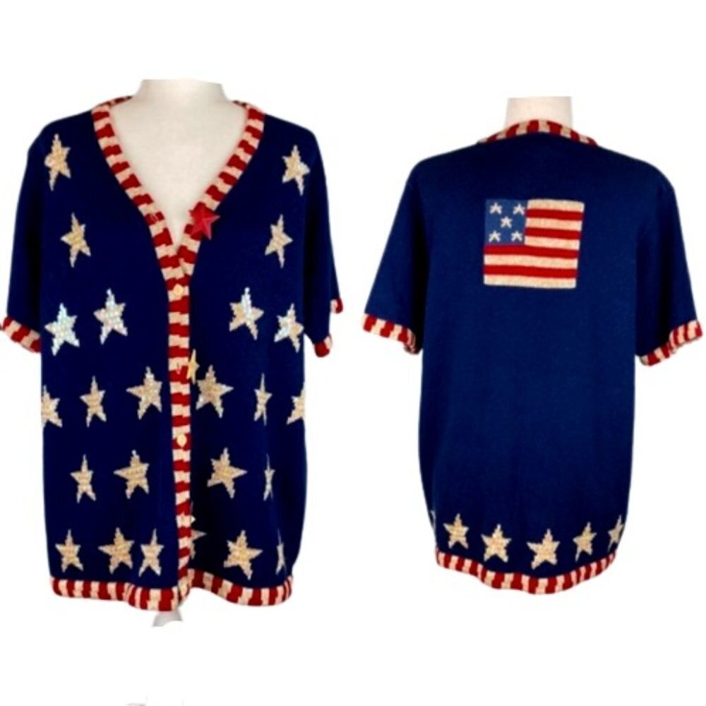 The Quacker Factory Button Down Knit Sweater American Flag Academia Size Large
